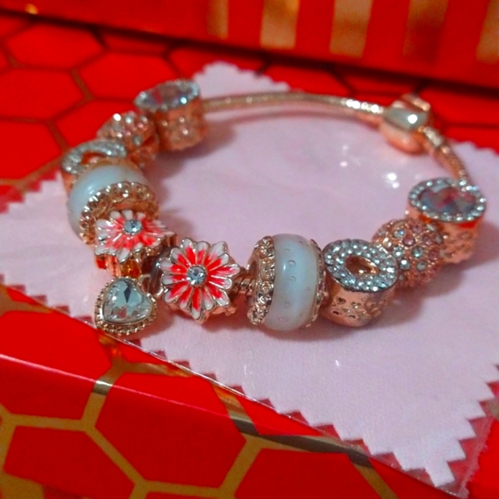 Pink Daisy Blooms and Genuine Crystals Rose Gold Charm Bracelet